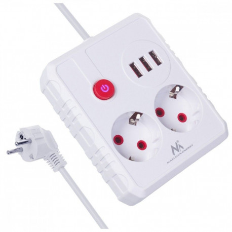 Pikendusjuhe MCE388 W, 2 pesa 3xUSB, 110-240V AC 50/60Hz, 2.1A max 2500W, 3m valge