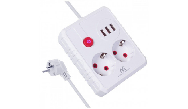 2 pesaga pikendusjuhe MCE387 W 3xUSB, 110-240V AC 50/60Hz, 2.1A max 2500W, 1.5m valge