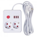 Power strip, MCE388 W, 2 sockets 3xUSB, 110-240V AC 50/60Hz, 2.1A max 2500W, 3m white
