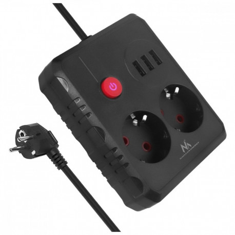 Pikendusjuhe MCE387 B 2 pesa 3xUSB, 110-240V AC 50/60Hz 2,1A max 2500W, 1,5m must