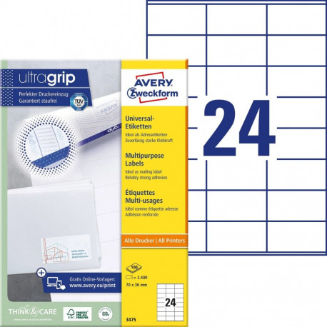 Adhesive label AVERY Zweckform 70x36mm 24 Sheets 100 sheets (3475)