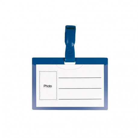 Name tag holder with plastic clip 57x90mm horizontal + clip blue