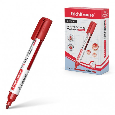White board marker with liquid ink ErichKrause® Liquid LW-600, color: red (box 10 pcs.)