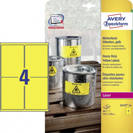 Sticker label made of polyester film weatherproof AVERY Zweckform 99.1x139mm 20 sheets yellow (L611.