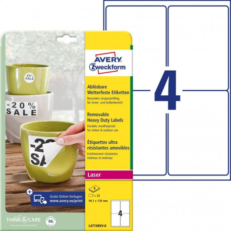 Kleebisetikett polüesterkilest ilmastikukindel AVERY Zweckform 99,1x139mm 8 lehte eemaldatav (L4774R