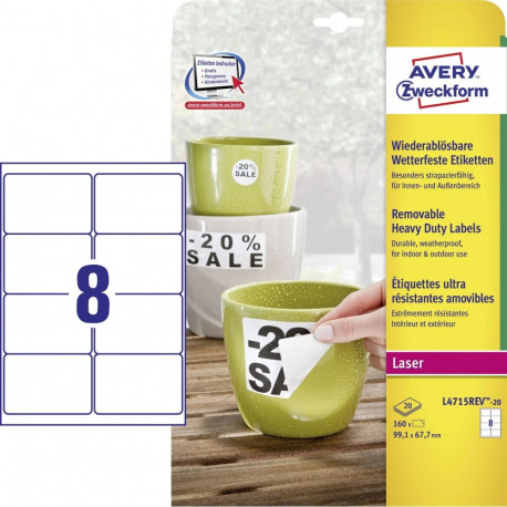 Sticker label made of polyester film weatherproof AVERY Zweckform 99,1x67,7mm 20l pack with removabl