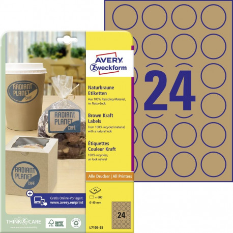 Sticker label ecological AVERY Zweckform Q40mm 25 sheets brown (L7105-25)