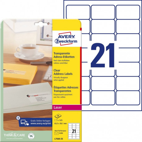 Sticker label AVERY Zweckform 63.5x38.1mm transparent polyester film 25 sheets (L7560-25)