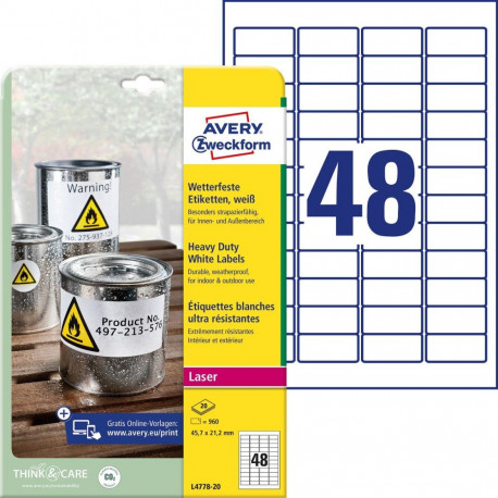 Sticker label made of polyester film weatherproof AVERY Zweckform 45,7x21,2mm 20l white with permane