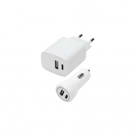 Wall & Car Charger Set USB-A & USB-C 15W, white