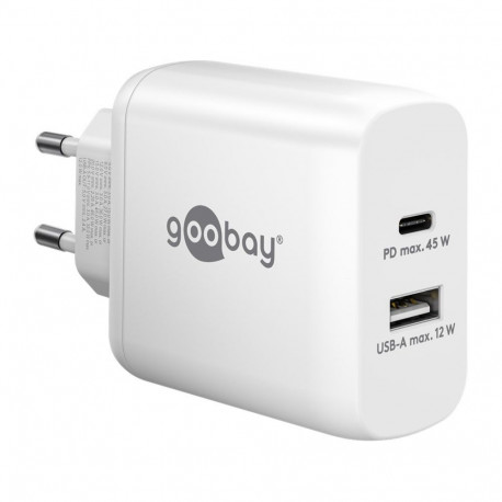 goobay USB-C PD dual fast charger 45 watts (white, 1x USB-A, 1x USB-C PD, GaN technology)