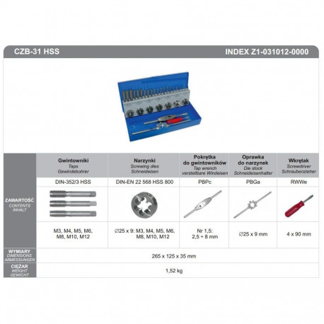 FANAR keermepuuride ja keermelõikurite komplekt 31cz M3-M12, CZB-31 INOX