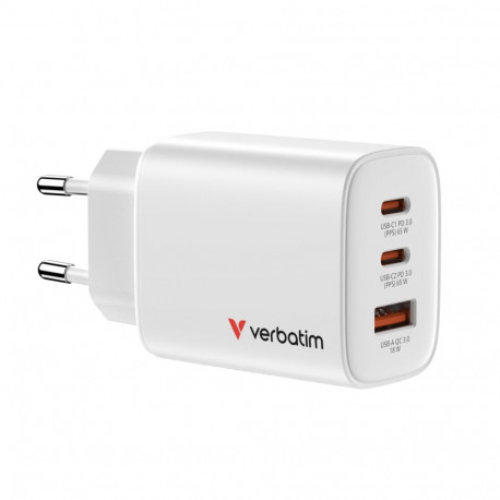Verbatim GaN-laadija Essentials 32353 65W 2xUSB-C/1xUSB-A, valge