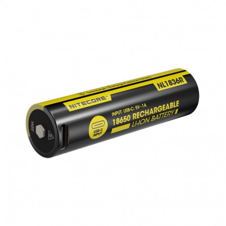 Nitecore NL1836R rechargeable 18650 Li-ion battery – 3600 mAh, USB-C charging, 6A continuous dischar