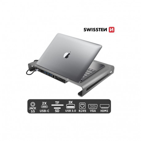 Swissten Multifunctional USB-C Laptop Docking Station / HDMI / USB 3.0 / 2x USB-C / RJ45 / SD / Micr