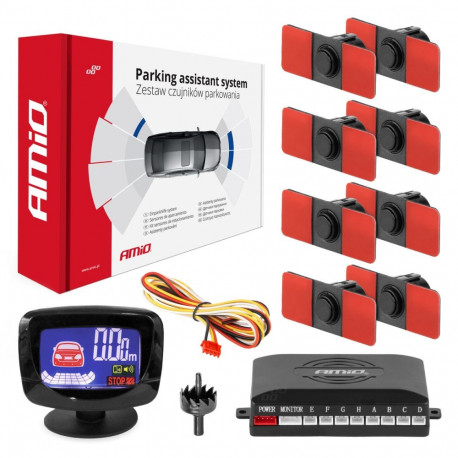 Zestaw czujników parkowania czujniki cofania led graf 8 sensorów czarne wewnętrzne 16,5 mm amio-0225