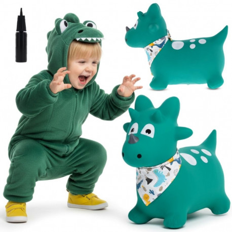 Skoczek gumowy dla dzieci DINO 59 cm zielony z bandaną do skakania z pompką