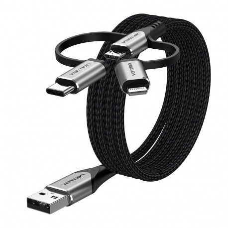 Cable - Vention USB 2.0 A Male to 3-in-1 Micro-B, USB-C, Lightning 1M Gray