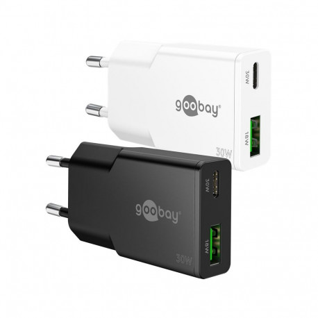 Goobay 30 W USB-C PD GaN õhuke kahepesaline kiirlaadija, valge