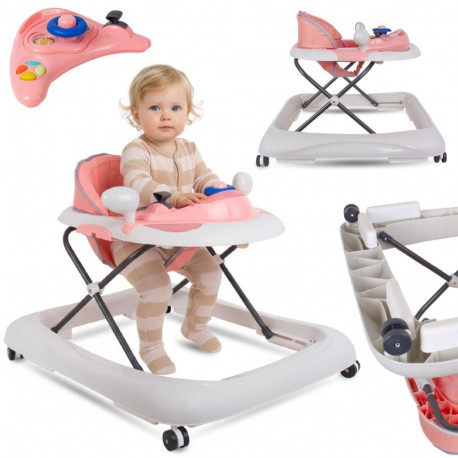 Chodzik dla dziecka ze stoperami i kierownicą - różowo szary