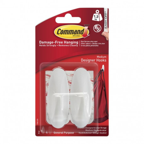 Command™ Medium Designer Hook 17081-2-UKN, White, 2 Hook+4 Strip/Pack, 36 Pack/Case