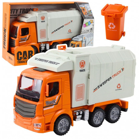 Linna prügiauto komplekt, prügikast, tuled ja helid, oranž