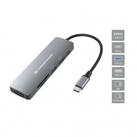 "CONCEPTRONIC 6-1 Dock USB-C->HDMI/2xUSB-A/SD/TF/+ 15cm gr"