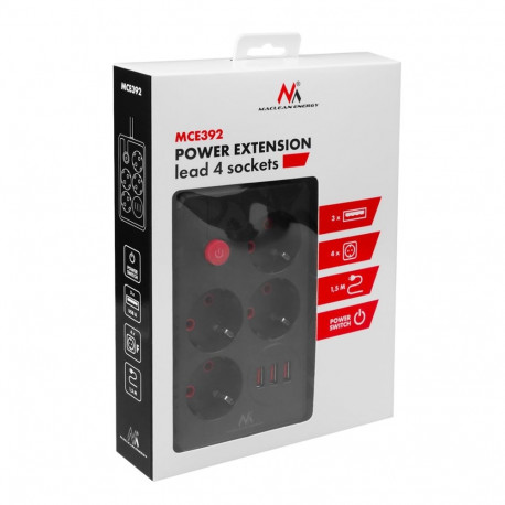 Maclean power strip, 4-socket extension cable + 3xUSB, 110-240V AC 50/60Hz, 2.1A max 2500W, 1.5m, bl