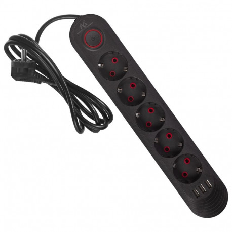 Maclean power strip, 5 socket extension cable + 3xUSB, 110-240V AC 50/60Hz, 2.1A max 2500W, 1.5m, bl