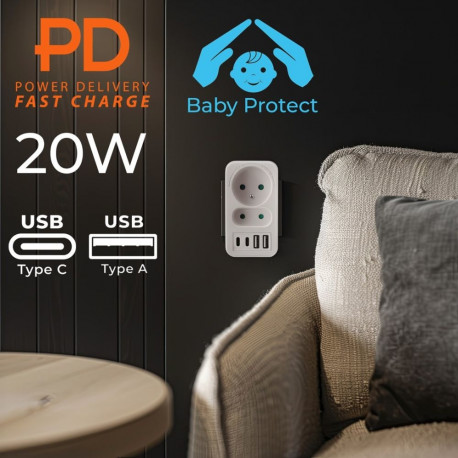 Current socket x2 + 4xUSB Maclean, splitter with 2 sockets, 2xUSB A, 2xUSB C PD 20W, 1x16A + 1x6A, M