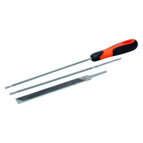 Chainsaw sharpening files set (two round and one flat)  4,8mm with handle