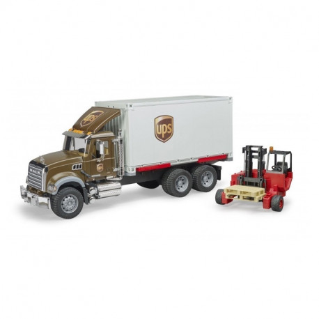The completed title is: Bruder MACK Granite UPS Logistics truck with forklift.
This