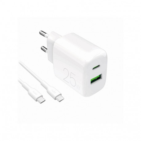 Wall Charger 1xUSB-A, 1xUSB-C, 25W with Cable USB-C to USB-C, 1,2m, by Puro White
