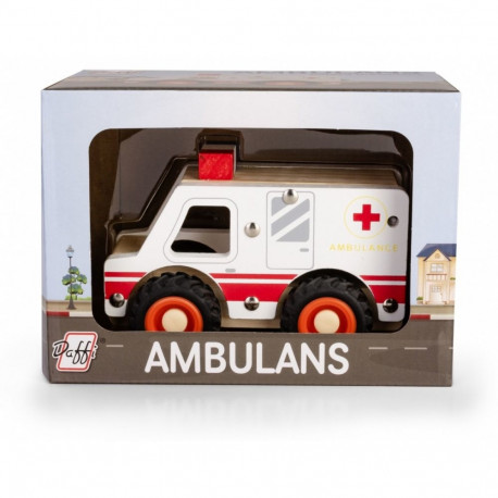 Drewniane auto z oponami ambulans