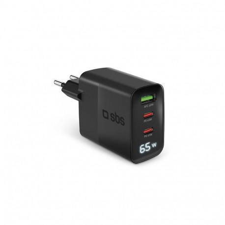 Charger SBS GaN 65W, 2xUSB-C + USB, LCD, Black