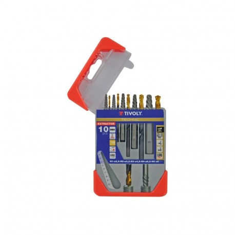 Tivoly ekstraktorite ja puuride komplekt – 10-osaline, tappide ekstraktorid N1–N5 + TiN-kattega HSS-