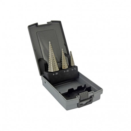 Tivoly Conical HSS Step Drill Bit Set – 3-Piece Ø4–30 mm, Straight Flutes, Auto-Centring, Tri-Flat S
