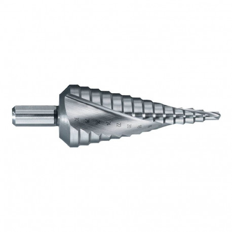 Step drill Ø4-12 mm, HSS. Step 1 mm. Helicoidal flute. Bright, uncoated