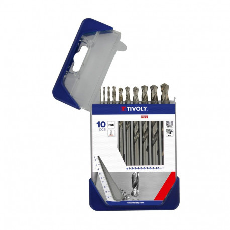 Tivoly metallipuuride komplekt – 10-osaline Ø 1–10 mm, "split point", 30° N-spiraaliga, HSS, silindr