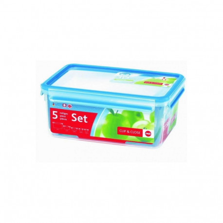 CLIP & CLOSE Frischhaltedosen-Set, 5-teilig (transparent/blau, 4 rechteckige, 1 runde Dose + 5 D