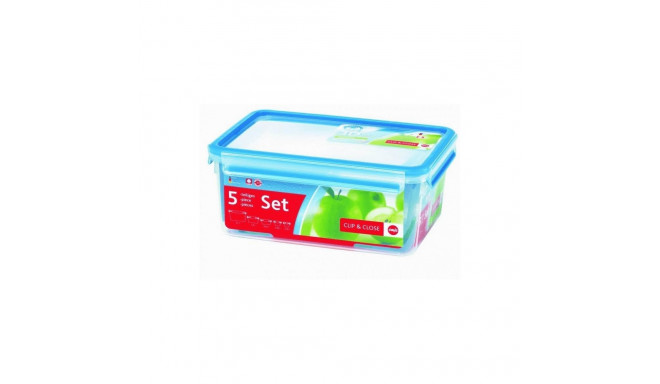 CLIP & CLOSE Frischhaltedosen-Set, 5-teilig (transparent/blau, 4 rechteckige, 1 runde Dose + 5 Decke