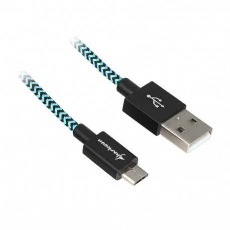 USB 2.0 Kabel, USB-A Stecker > Micro-USB Stecker (schwarz/hellblau, 1 Meter, gesleevt)