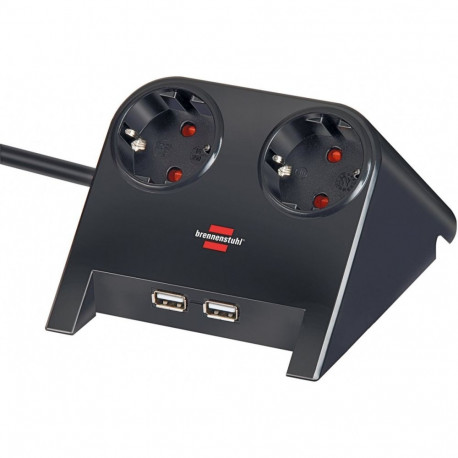 Desktop-Power pistikupesa 2-kohaline 1,8m 2x USB-A, must, läikiv