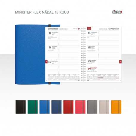 Raamatkalender Minister FLEX oranz nädal H 18 kuud alates  juuli 2025a, spiraalköide, kummist kinnit