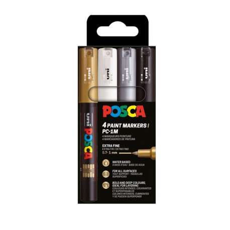 Marker UNI Posca PC1M, 4 värvi (must,valge,hõbe,kuld) 0,7mm