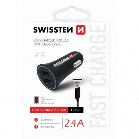 Swissten Car charger 12 / 24V / 1A + 2.1A + USB-C Data Cable 1m