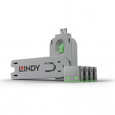 Lindy 40451 USB Type A Port Blockers Set 4pcs + Key / Green