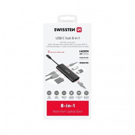 Swissten 8in1 USB-C Hub Aluminium USB-C 100W / HDMI 4K / LAN RJ45 / 2x USB-A / USB-C / SD / MICRO SD