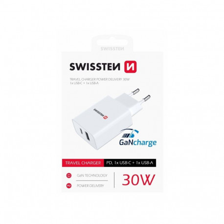 Swissten GaN Travel Charger PD 30W USB-C / USB