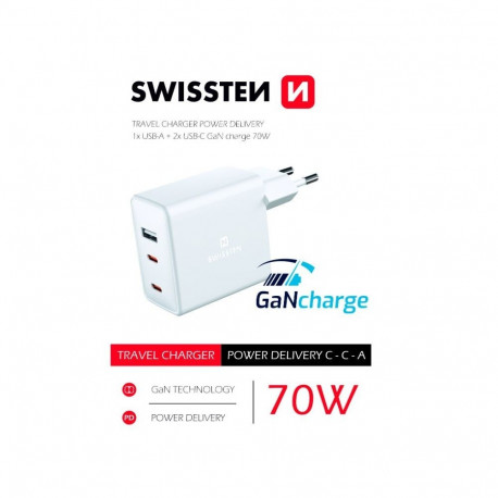 Swissten GaN Travel Charger 2 x USB-C / USB / 70W